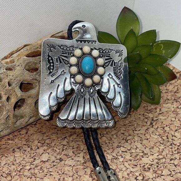 Unique Thunderbird T-Bird White Blue Turquoise Concho Lariat Bolo Tie Wedding - Picture 6 of 16